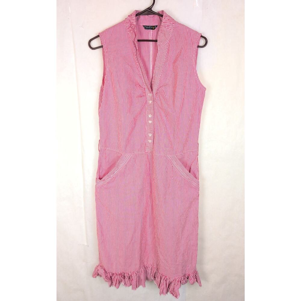 Chaudry red and white striped ruffled shirt dress Size Sm Coastal Retro Boho